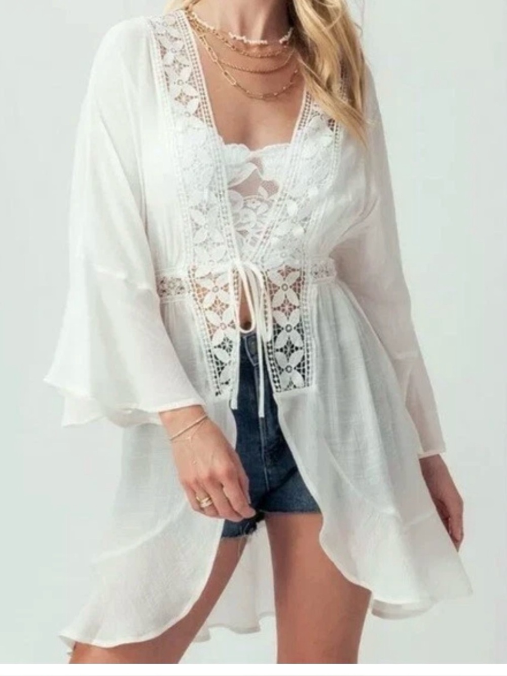 La Bella Vida Boho Crochet Detail Ruffle Bell Sleeve Cardigan Cover up Size S